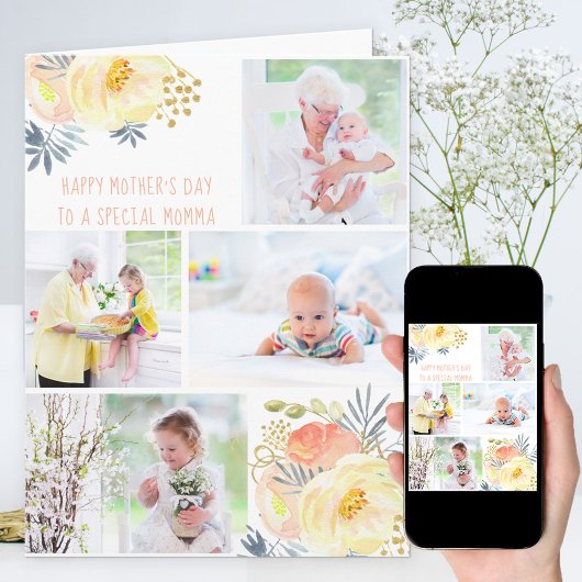 Carte éditable avec collage photo floral jaune pêc