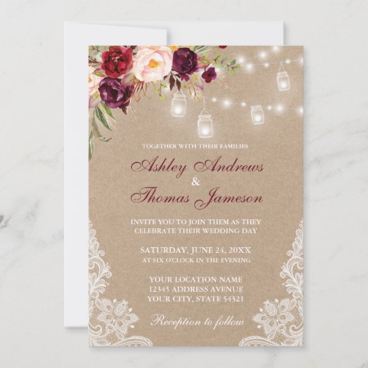 Carte  effet kraft, fleurs bordeaux et lanternes (Devant)