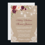 Carte  effet kraft, fleurs bordeaux et lanternes<br><div class="desc">Invitation de mariage sur effet de papier Kraft avec fleurs bordeaux aquarelles avec lumière pendantes en bocaux</div>