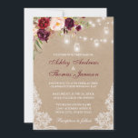 Carte  effet kraft, fleurs bordeaux et lanternes<br><div class="desc">Invitation de mariage sur effet de papier Kraft avec fleurs bordeaux aquarelles avec lumière pendantes en bocaux</div>