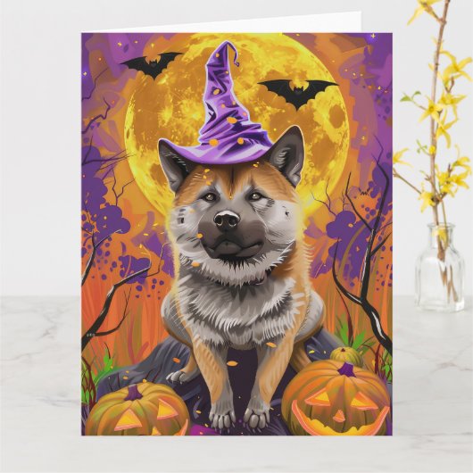 Carte Éffrayant Akita Halloween Witch et Citrouille (Fleur jaune)