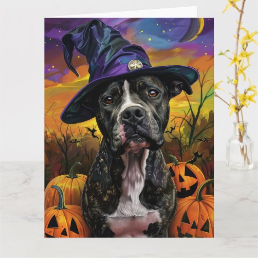 Carte Éffrayant American Staffordshire Halloween Citroui (Fleur jaune)