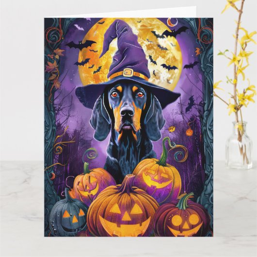 Carte Éffrayant Bluetick Coonhound Citrouille de sorcièr (Fleur jaune)