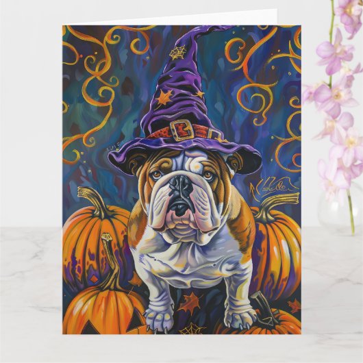 Carte Éffrayant Bulldog Halloween sorcière et Citrouille (Orchidée)