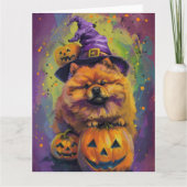 Carte Éffrayant Chow Chow Chien Halloween sorcière et Ci (Devant)