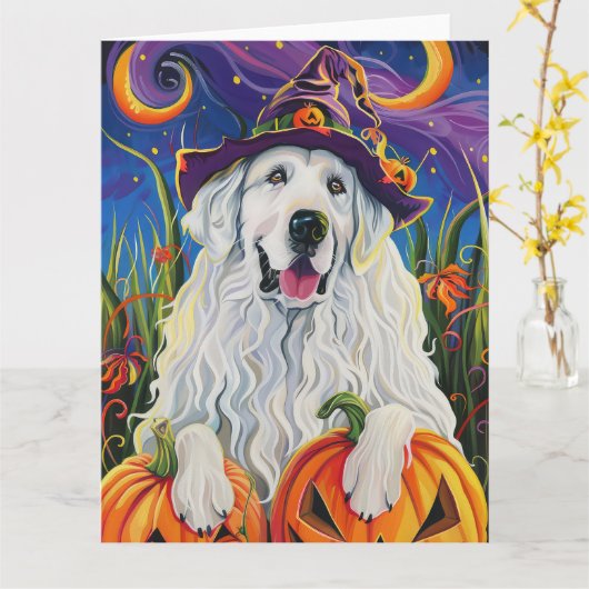 Carte Éffrayant Grand Pyrénées Chien Halloween Citrouill (Fleur jaune)