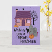 Carte Éffrayant Halloween Cottage cimetière (Fleur jaune)