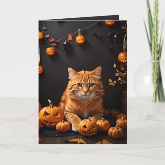 Carte Éffrayant Halloween Ginger Cat et vacances Citroui (Devant)