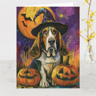 Carte Éffrayant Halloween Hound Sorcière Et Citrouille