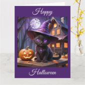 Carte Éffrayant Halloween Kitten noir (Fleur jaune)