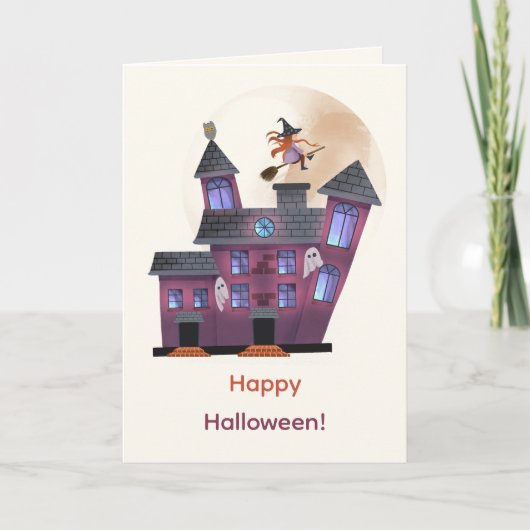 Carte Éffrayant House Moon Little Witch Halloween heureu (Devant)
