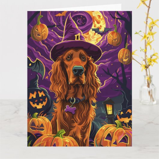 Carte Éffrayant Irish Red Setter Citrouille de sorcière (Fleur jaune)