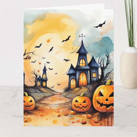 Carte Éffrayant Jack O’Lanterns Bats Ghost Halloween (Devant)