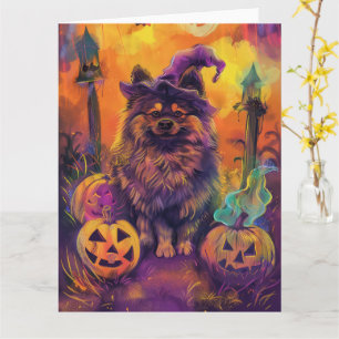 Carte Éffrayant Keeshond Chien Halloween sorcière et Cit