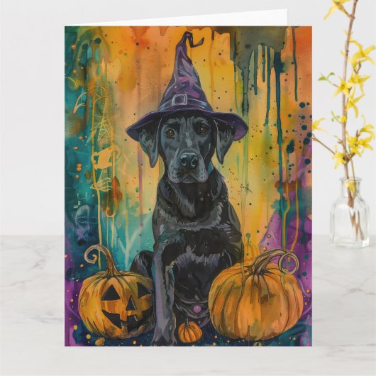 Carte Éffrayant Labrador Chien Halloween Sorcière Et Cit (Fleur jaune)