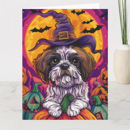 Carte Éffrayant Malti Tzu Chien Halloween Sorcière Et Ci (Devant)