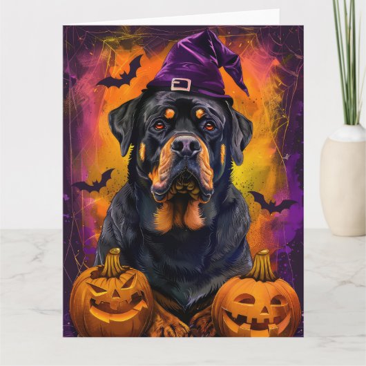Carte Éffrayant Rottweiler Chien Halloween sorcière et C (Devant)