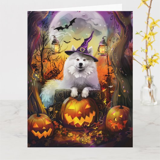 Carte Éffrayant Samoyed Chien Halloween sorcière et Citr (Fleur jaune)