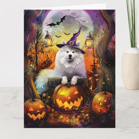 Carte Éffrayant Samoyed Chien Halloween sorcière et Citr (Devant)