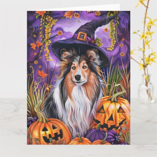 Carte Éffrayant Shetland Sheepdog Citrouille de sorcière (Fleur jaune)
