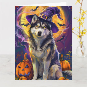 Carte Éffrayant Sibérie Husky Chien Halloween Citrouille