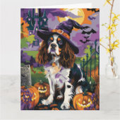 Carte Éffrayant Springer Spaniel Halloween Witch Citroui (Fleur jaune)