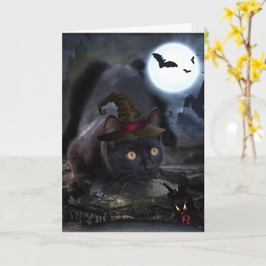 Carte éffrayante d'Halloween Chat Noir (Fleur jaune)