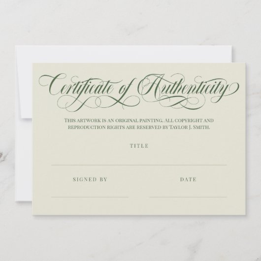 Carte Eggshell Olive Swirls Certificat d'authenticité (Devant)