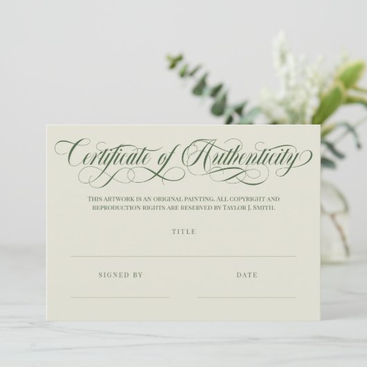 Carte Eggshell Olive Swirls Certificat d'authenticité (Debout devant)