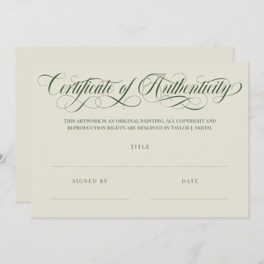 Carte Eggshell Olive Swirls Certificat d'authenticité (Devant / Derrière)