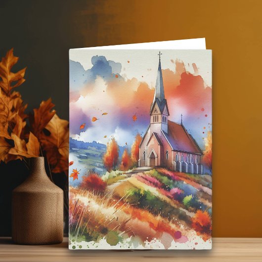 Carte Église aquarelle le jour d'automne | Bénédictions