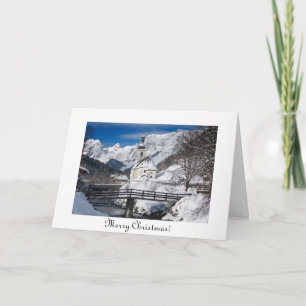 Carte Eglise dans la neige avec Alpes montagnes Noël