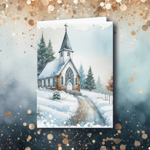 Carte Église le jour d'hiver Noël aquarelle