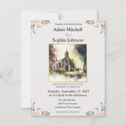 Carte Église traditionnelle Mariage d'aquarelle Invitati (Devant)