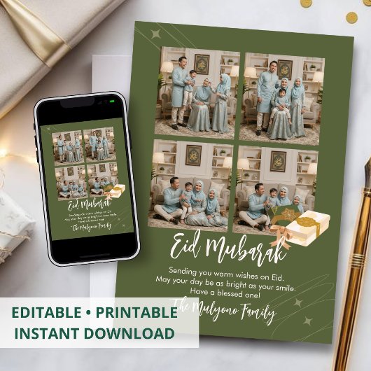 Carte Eid Mubarak Collage Photo 4 en Vert Olive