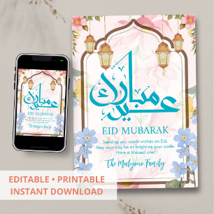 Carte Eid Mubarak florale aquarelle bleue et rose