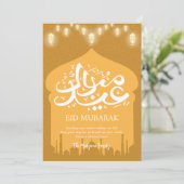 Carte Eid Mubarak silhouette de mosquée dorée élég (Debout devant)