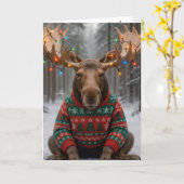 Carte Élan de Noël portant un pull affreux (Fleur jaune)