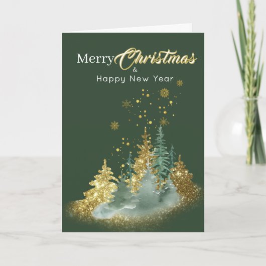 Carte Élégance de Noël : Sapin vert et or (Devant)