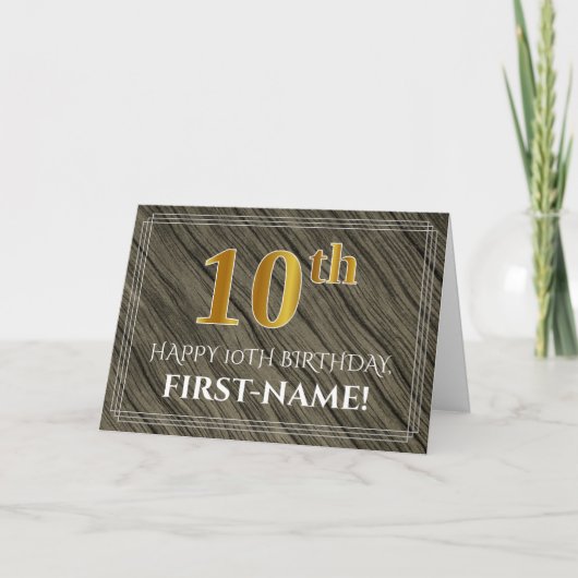 Carte Elégant 10e anniversaire : Faux Wood, Faux Gold Lo (Devant)