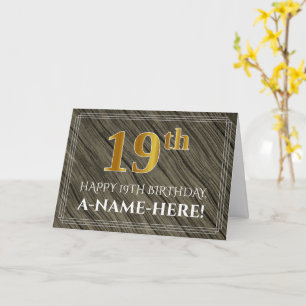 Carte Elégant 19ème anniversaire : Faux Wood, Faux Gold 