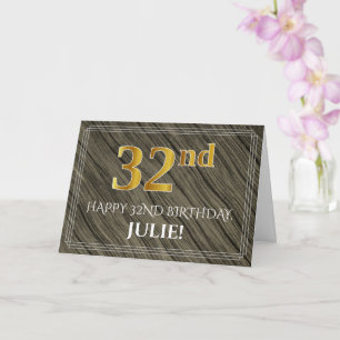 Carte Elégant 32e anniversaire : Faux Wood, Faux Gold Lo