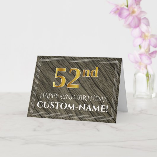 Carte Elégant 52e anniversaire : Faux Wood, Faux Gold Lo (Orchidée)