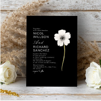 Carte Élégant Anémone Florale Mariage Noir & Blanc
