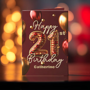Carte Élégant Anniversaire des 21 ans Rouge Bourgogne et