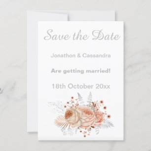 CARTE ÉLÉGANT ARGENT BLANC APRICOT FLORAL SAUVER LA DATE