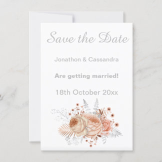 CARTE ÉLÉGANT ARGENT BLANC APRICOT FLORAL SAUVER LA DATE