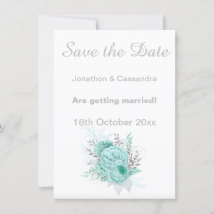 CARTE ÉLÉGANT ARGENT BLANC AQUA FLORAL SAUVER LA DATE