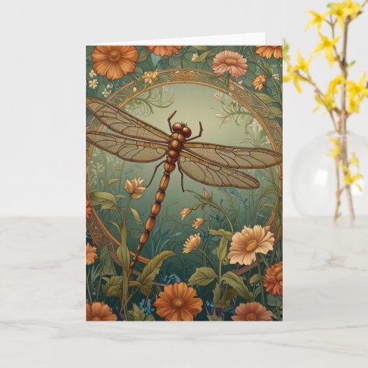 Carte Elegant Art Nouveau Spring green Dragonfly (Fleur jaune)
