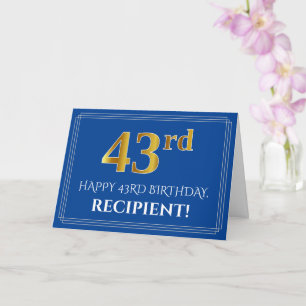 Carte Élégant aspect or faux 43e anniversaire, nom (bleu